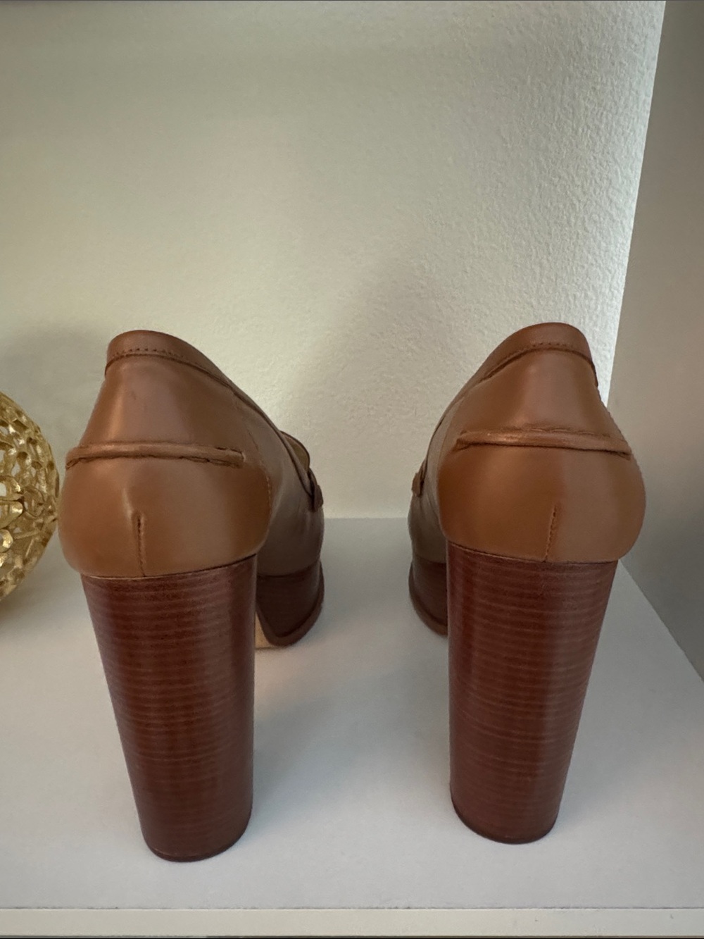 Michael Kors Brown Leather Platform Penny Loafers with Gold MK Accent - Picture 4 of 7